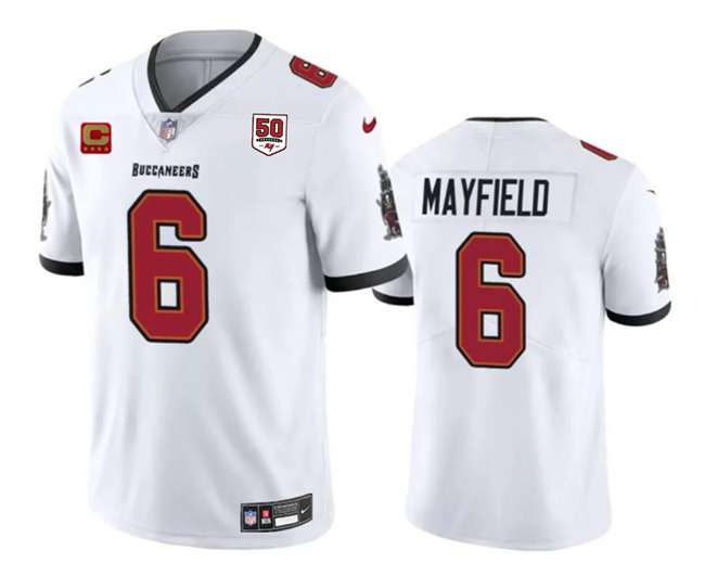 Men's Tampa Bay Buccaneers #6 Baker Mayfield White 2025 50th Anniversary Patch And 4-Star C Patch Vapor Untouchable Limited Stitched Football Jersey